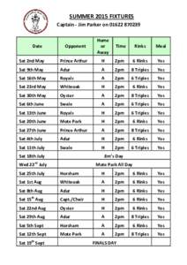 SUMMER 2015 FIXTURES Captain - Jim Parker onDate  Opponent