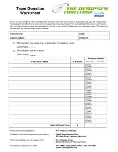 Team Donation Worksheet Please use this worksheet when submitting team donations that have been raised as a group through your IFE (Independent Fundraising Event) OR when a donor wishes to support each team participant. 