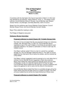 City of Harrington MINUTES City Council Workshop March 14, 2012  A workshop with the Harrington City Council was held on March 14, 2012 and