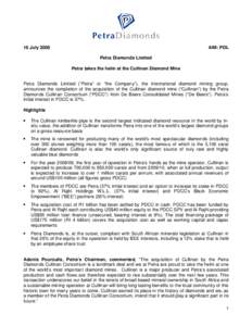 Petra Diamonds Limited is pleased to announce that it has secured debt funding of £2m which will largely be used to fund the b