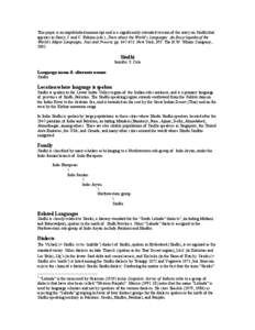 This paper is an unpublished manuscript and is a significantly extended version of the entry on Sindhi that appears in Garry, J. and C. Rubino (eds.), Facts about the World’s Languages: An Encyclopedia of the World’s Major Languages, Past and Present, pp[removed]New York, NY: The H.W. Wilson Company,