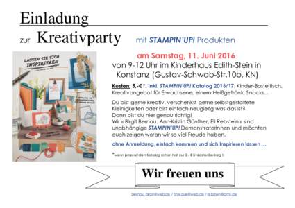 Einladung zur Kreativparty mit STAMPIN’UP! Produkten  am Samstag, 11. Juni 2016