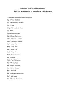 1st Battalion, West Yorkshire Regiment Men who were captured in Burma in the 1942 campaign 1. Went with Japanese on March to Thailand Sgt. J Farrar- Bradford Sgt. E Montgomery- Bradford