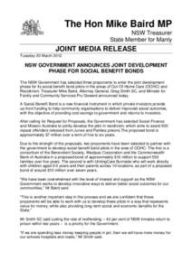 Joint  Media Release:  20 March[removed]NSW Government Announces Joint Development Phase for Social Benefit Bonds