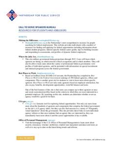 CALL TO SERVE SPEAKERS BUREAU RESOURCES FOR STUDENTS AND JOBSEEKERS WEBSITES Making the Difference, makingthedifference.org  Makingthedifference.org is the Partnership’s most comprehensive resource for people search