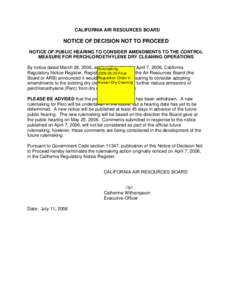 Rulemaking: [removed]Notice of Decision Not to Proceed Perchloroethylene Dry Cleaning Operations