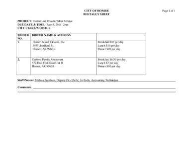 CITY OF HOMER BID TALLY SHEET PROJECT: Homer Jail Prisoner Meal Service DUE DATE & TIME: June 9, 2011 2pm CITY CLERK’S OFFICE BIDDER