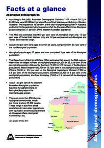 Facts at a glance Aboriginal demographics •	 According to the (ABS; Australian Demographic Statistics[removed]March 2012), in 2011 there were 88,200 Aboriginal and Torres Strait Islander people living in Western Austral