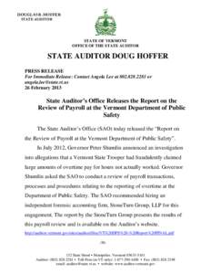 DOUGLAS R. HOFFER STATE AUDITOR STATE OF VERMONT OFFICE OF THE STATE AUDITOR