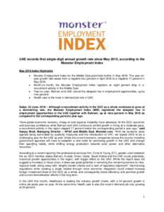 UAE records first single-digit annual growth rate since May 2015, according to the Monster Employment Index May 2016 Index Highlights   