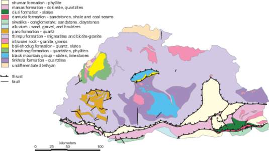 shumar formation - phyllite manas formation - dolomite, quartzites diuri formation - slates damuda formation - sandstones, shale and coal seams siwaliks - conglomerate, sandstone, claystones alluvium - sand, gravel, and 