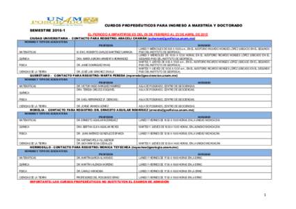 CURSOS PROPEDÉUTICOS PARA INGRESO A MAESTRÍA Y DOCTORADO SEMESTREEL PERIODO A IMPARTIRSE ES DEL 09 DE FEBRERO AL 23 DE ABRIL DE 2015 CIUDAD UNIVERSITARIA - CONTACTO PARA REGISTRO: ARACELI CHAMÁN (achaman@geofi