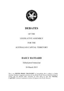 DEBATES OF THE LEGISLATIVE ASSEMBLY FOR THE AUSTRALIAN CAPITAL TERRITORY