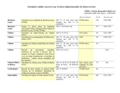 Cartulaires inédits conservés aux Archives départementales de Saône-et-Loire CBMA - Chartae Burgundiae Medii Aevi (ARTeHIS-UMR 5594, DijonDate de rédaction  BourbonLancy