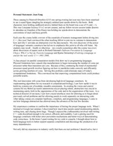 Personal Statement: Jean Yang  1 Those passing by Maxwell Dworkin G135 one spring evening last year may have been surprised to see a caped figure dangling his strangely unfazed peer upside-down by the boots. Both