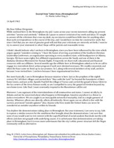 Reading and Writing in the Common Core  16 April 1963 Excerpt from “Letter from a Birmingham Jail” Dr. Martin Luther King, Jr.