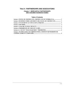 Title 31: PARTNERSHIPS AND ASSOCIATIONS Chapter 1: MERCANTILE PARTNERSHIPS AND ASSUMED BUSINESS NAMES Table of Contents Section 1. FILING OF CERTIFICATE; CERTIFICATE OF WITHDRAWAL...................... 3 Section 2. BUSIN