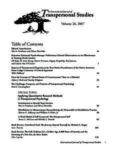 Transpersonal Studies   he International Journal of Volume 26, 2007  Table of Contents