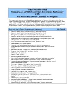 Indian Health Service Recovery Act (ARRA) Health Care Information Technology (HIT) Pre-Award List of Non-Localized HIT Projects This supplemental document provides additional details about the Recovery Act Implementation