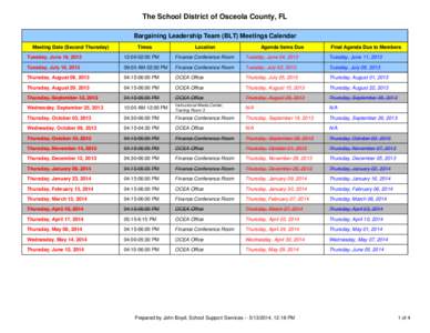 The School District of Osceola County, FL Bargaining Leadership Team (BLT) Meetings Calendar Meeting Date (Second Thursday) Times