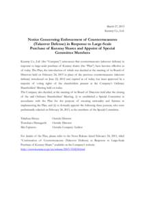 March 27, 2015 Kuraray Co., Ltd. Notice Concerning Enforcement of Countermeasures (Takeover Defense) in Response to Large-Scale Purchase of Kuraray Shares and Appoint of Special