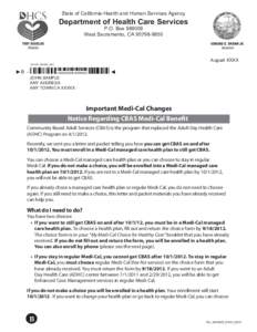 State of California-Health and Human Services Agency  Department of Health Care Services P.O. Box[removed]West Sacramento, CA[removed]