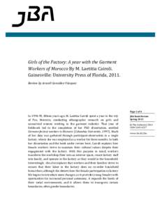 Girls of the Factory: A year with the Garment Workers of Morocco By M. Laetitia Cairoli. Gainesville: University Press of Florida, 2011. Review by Araceli González-Vázquez  Page 1 of 4