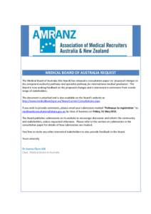 MEDICAL BOARD OF AUSTRALIA REQUEST The Medical Board of Australia (the Board) has released a consultation paper on ‘proposed changes to the competent authority pathway and specialist pathway for international medical g