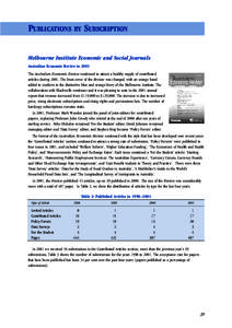 PUBLICATIONS BY SUBSCRIPTION Melbourne Institute Economic and Social Journals Australian Economic Review in 2001 The Australian Economic Review continued to attract a healthy supply of contributed articles duringT