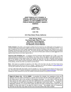 JOINT PINOLE CITY COUNCIL & SPECIAL MEETING OF SUCCESSOR AGENCY TO THE FORMER CITY OF PINOLE REDEVELOPMENT AGENCY AGENDA TUESDAY