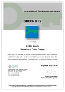 International Environmental Award  GREEN KEY is awarded to