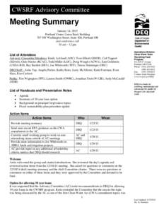 CWSRF Advisory Committee  Meeting Summary January 14, 2015 Portland Center Union Bank Building 707 SW Washington Street, Suite 500, Portland OR