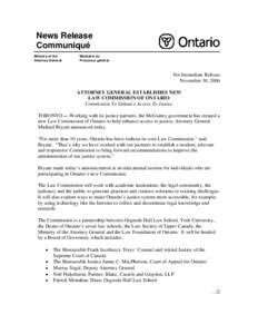 News Release Communiqué Ministry of the Attorney General  Ministère du