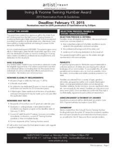 Irving & Yvonne Twining Humber Award 2015 Nomination Form & Guidelines Deadline: February 17, 2015  Nominations must be USPS postmarked or hand-delivered by 5:00pm.