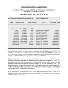 ANNUAL FEE SCHEDULE ASSESSMENT STATE OF INDIANA DEPARTMENT OF FINANCIAL INSTITUTIONS DIVISION OF CREDIT UNIONS EFFECTIVE JULY 1, 2014 THRU JUNE 30, 2015 IF THE AMOUNT OF TOTAL ASSETS IS: