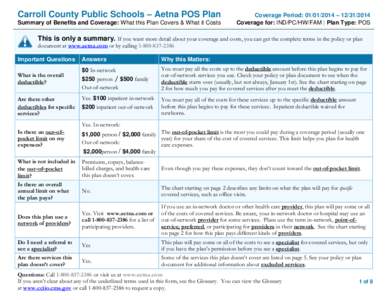 Carroll County Public Schools – Aetna POS Plan Summary of Benefits and Coverage: What this Plan Covers & What it Costs Coverage Period: [removed] – [removed]Coverage for: IND/PC/HW/FAM | Plan Type: POS