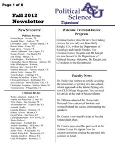 Page 1 of 6  Fall 2012 Newsletter New Students! Political Science