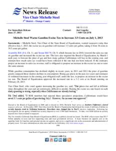 Michelle Steel Warns Gasoline Excise Tax to Increase 3.5 Cents on July 1, 2013