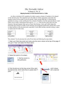 The Portable Editor Volume 6, No. 8 Aligning	
  Numbers	
  on	
  the	
  Decimal	
  Point	
  in	
  a	
  Table	
   An often-overlooked APA guideline for tables requires columns of numbers to be aligned on the deci