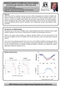 Methane oxidation in landfill cover soils to mitigate greenhouse gas emissions: a field scale study Author: Mostafa Asadi Email: [removed] Supervisors : Dr Sam Yuen, Prof. Deli Chen, Prof Jean Bogner D