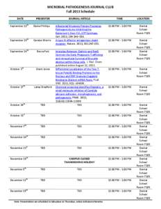 MICROBIAL PATHOGENESIS JOURNAL CLUB Fall 2013 Schedule DATE