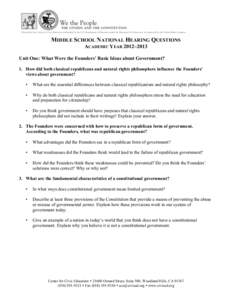 MIDDLE SCHOOL NATIONAL HEARING QUESTIONS  	
   ACADEMIC YEAR 2012–2013 Unit One: What Were the Founders’ Basic Ideas about Government?