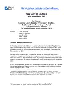 Marist College Institute for Public Opinion Poughkeepsie, NY 12601  Phone[removed]  Fax[removed]www.maristpoll.marist.edu POLL MUST BE SOURCED: NBC News/Marist Poll* Louisiana: