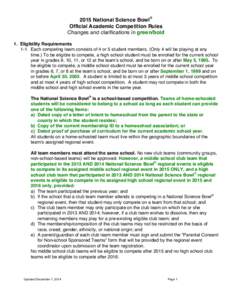 2015 National Science Bowl® Official Academic Competition Rules Changes and clarifications in green/bold 1. Eligibility Requirements 1-1. Each competing team consists of 4 or 5 student members. (Only 4 will be playing a