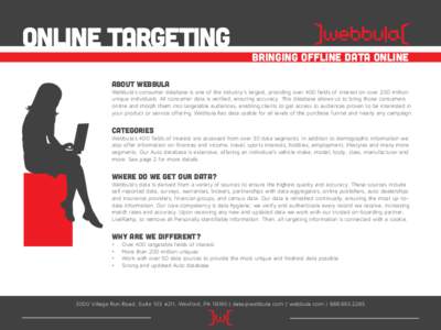 online targeting  Bringing offline data online About Webbula Webbula’s consumer database is one of the industry’s largest, providing over 400 fields of interest on over 200 million