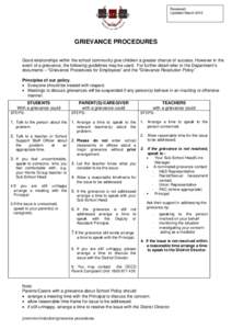 Reviewed Updated March 2012 GRIEVANCE PROCEDURES Good relationships within the school community give children a greater chance of success. However in the event of a grievance, the following guidelines may be used. For fu