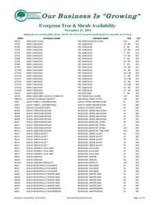 EVERGREEN AVAILABILITY  Evergreen Tree & Shrub Availability November 21, 2014 Shipments are arriving daily, please call[removed]if you need something that is currently out of stock. ITEM#