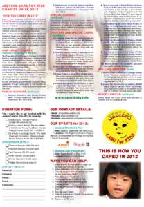 JESTERS CARE FOR KIDS CHARITY DRIVE 2013 “HOW YOU CARED IN 2012” Due to your kindness in 2012, we distributed 5,410,768 baht in cash donations, or 97.4% of the net raised by the end of our fiscal year on