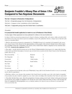 Name _________________________________________________________ Date ___________________  Benjamin Franklin’s Albany Plan of Union 1754 Compared to Two Keystone Documents http://edsitement.neh.gov This font = Compares t