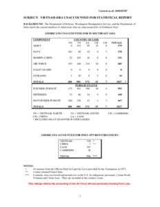 Current as of: [removed]SUBJECT: VIETNAM-ERA UNACCOUNTED FOR STATISTICAL REPORT BACKGROUND: The Department of Defense, Washington Headquarters Service, and the Department of State report the current numbers of America